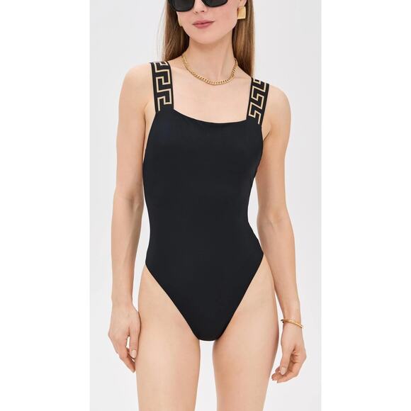 Versace Greca Border Wide Strap Square Neck One-Piece Swimsuit Black Size 2